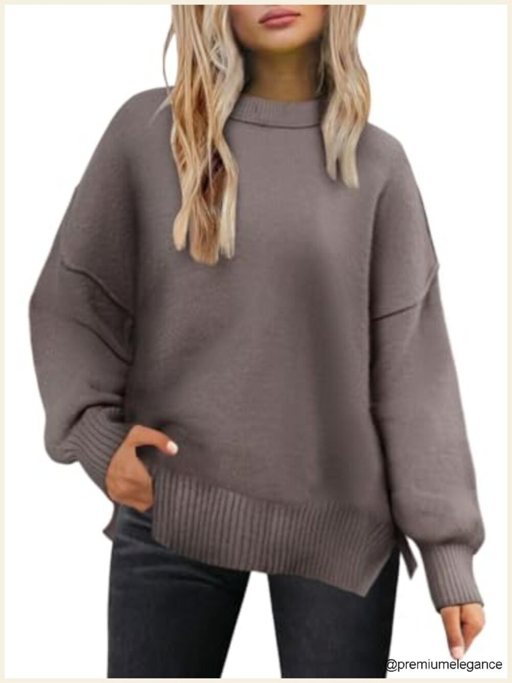 Cozy Oversized Knit Sweater for Women Side Slit Pullover Crewneck Top